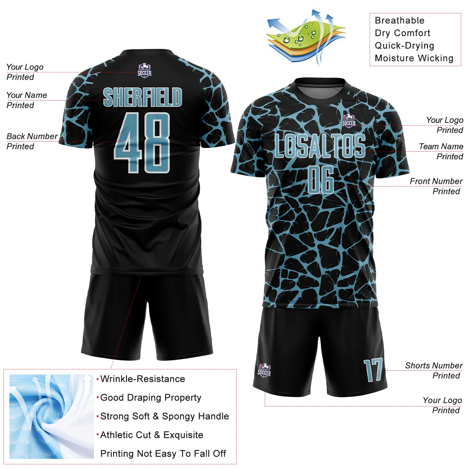 Custom Black Shadow Blue-White Abstract Network Splash Sublimation Soccer Uniform Jersey - Image 4