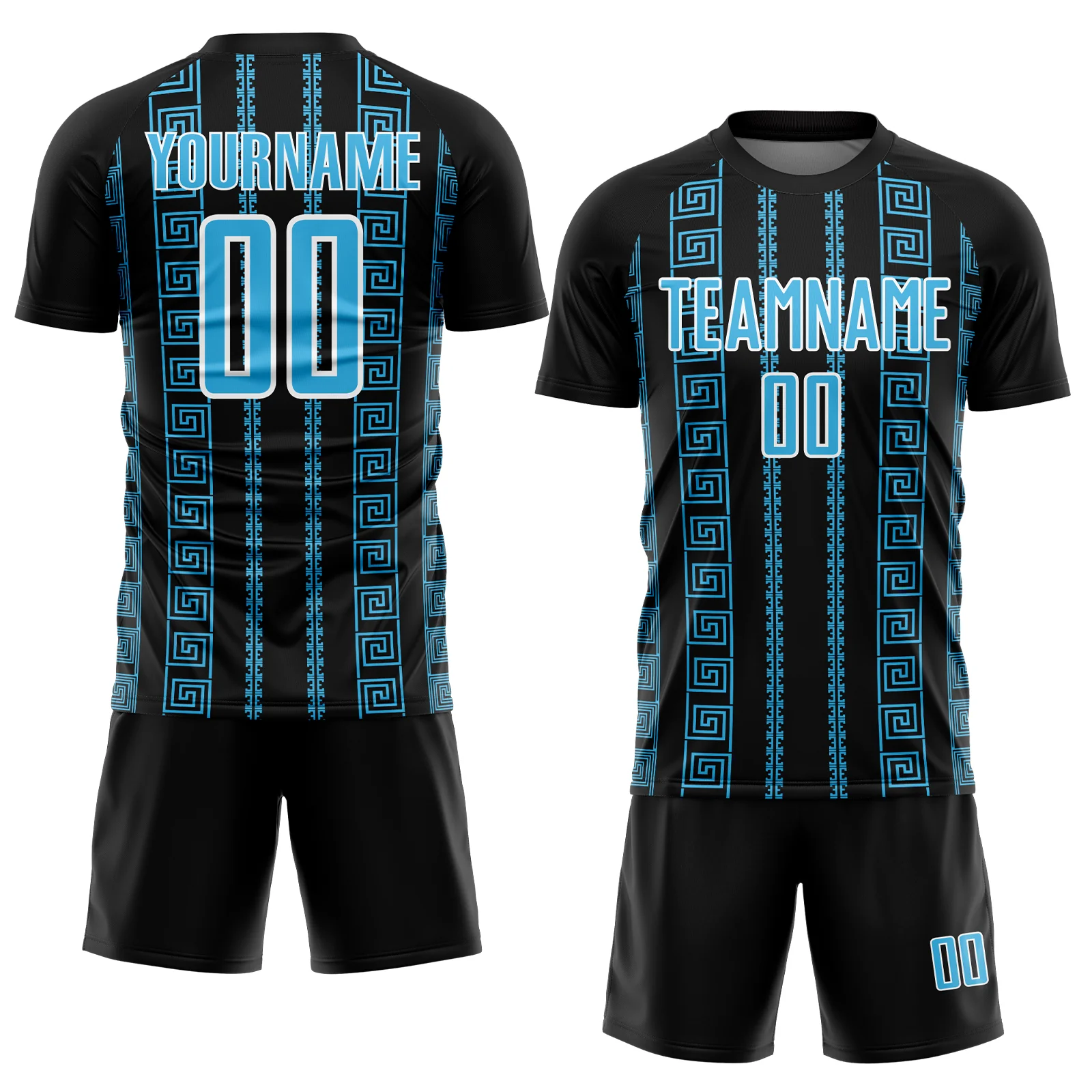 Custom Black Sky Blue-White Geometric Shape Sublimation Soccer Uniform Jersey - Image 2