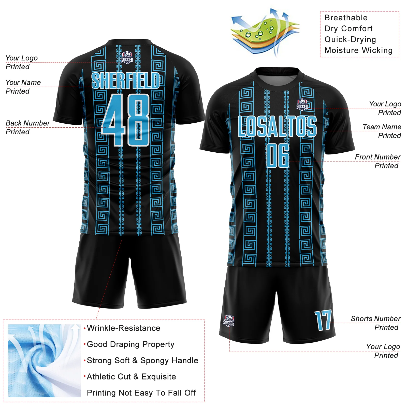Custom Black Sky Blue-White Geometric Shape Sublimation Soccer Uniform Jersey - Image 4