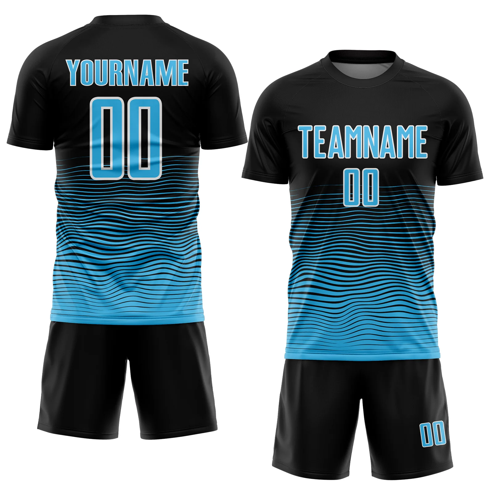 Custom Black Sky Blue-White Gradient Line Sublimation Soccer Uniform Jersey - Image 2