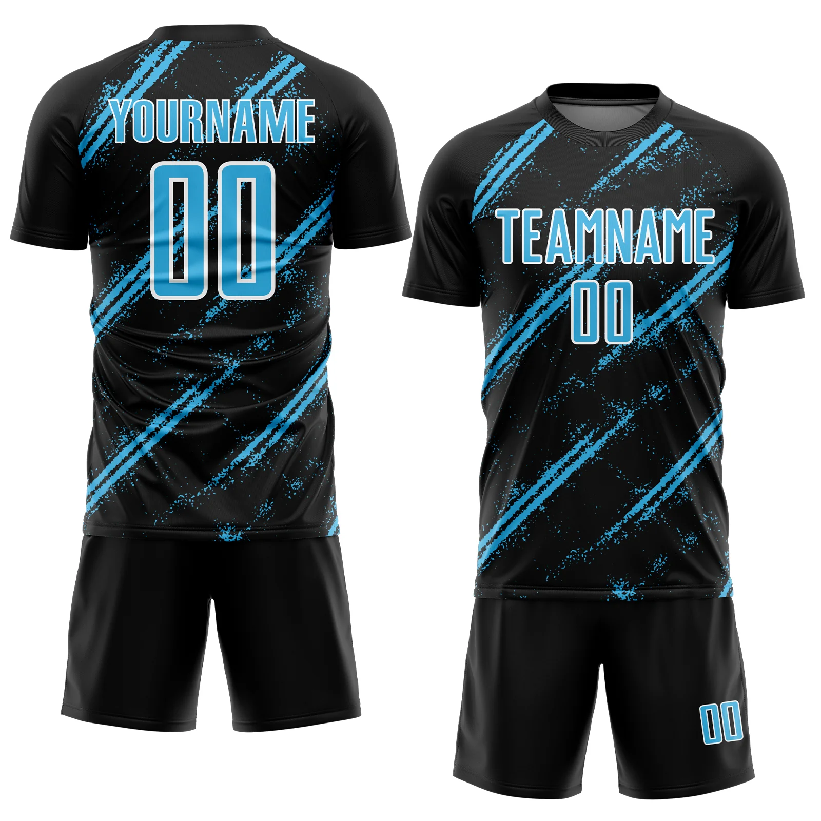Custom Black Sky Blue-White Abstract Fragment Art Splash Sublimation Soccer Uniform Jersey - Image 2