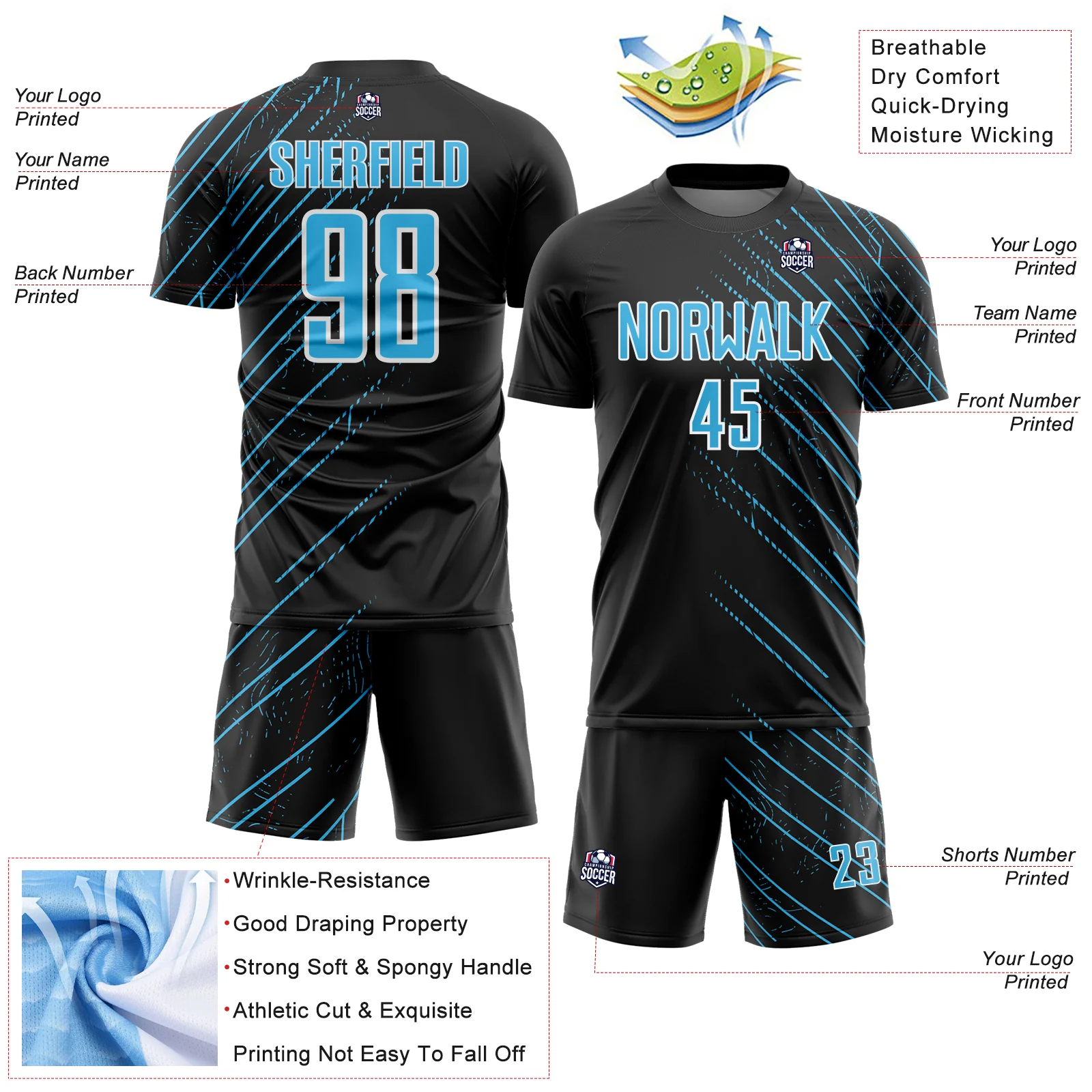 Custom Black Sky Blue-White Lines Sports Sublimation Soccer Uniform Jersey - Image 4