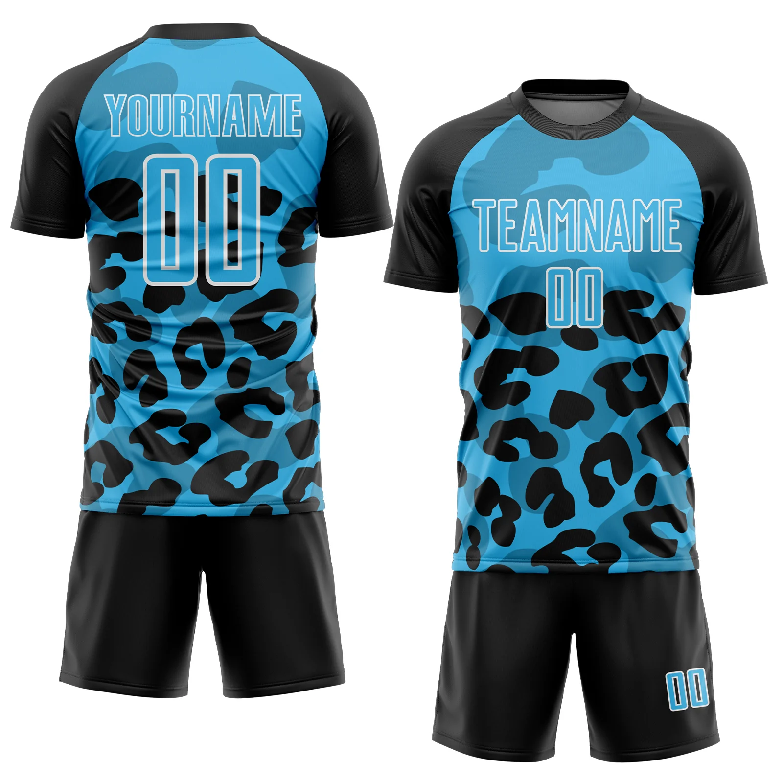 Custom Black Sky Blue-White Animal Leopard Print Sports Sublimation Soccer Uniform Jersey - Image 2