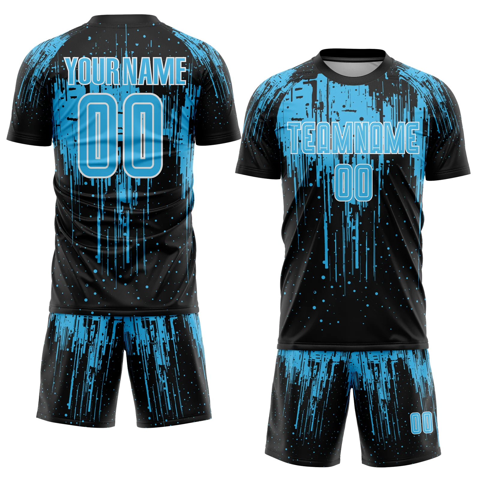 Custom Black Sky Blue-White Dripping Splatte Pattern Sports Sublimation Soccer Uniform Jersey - Image 2