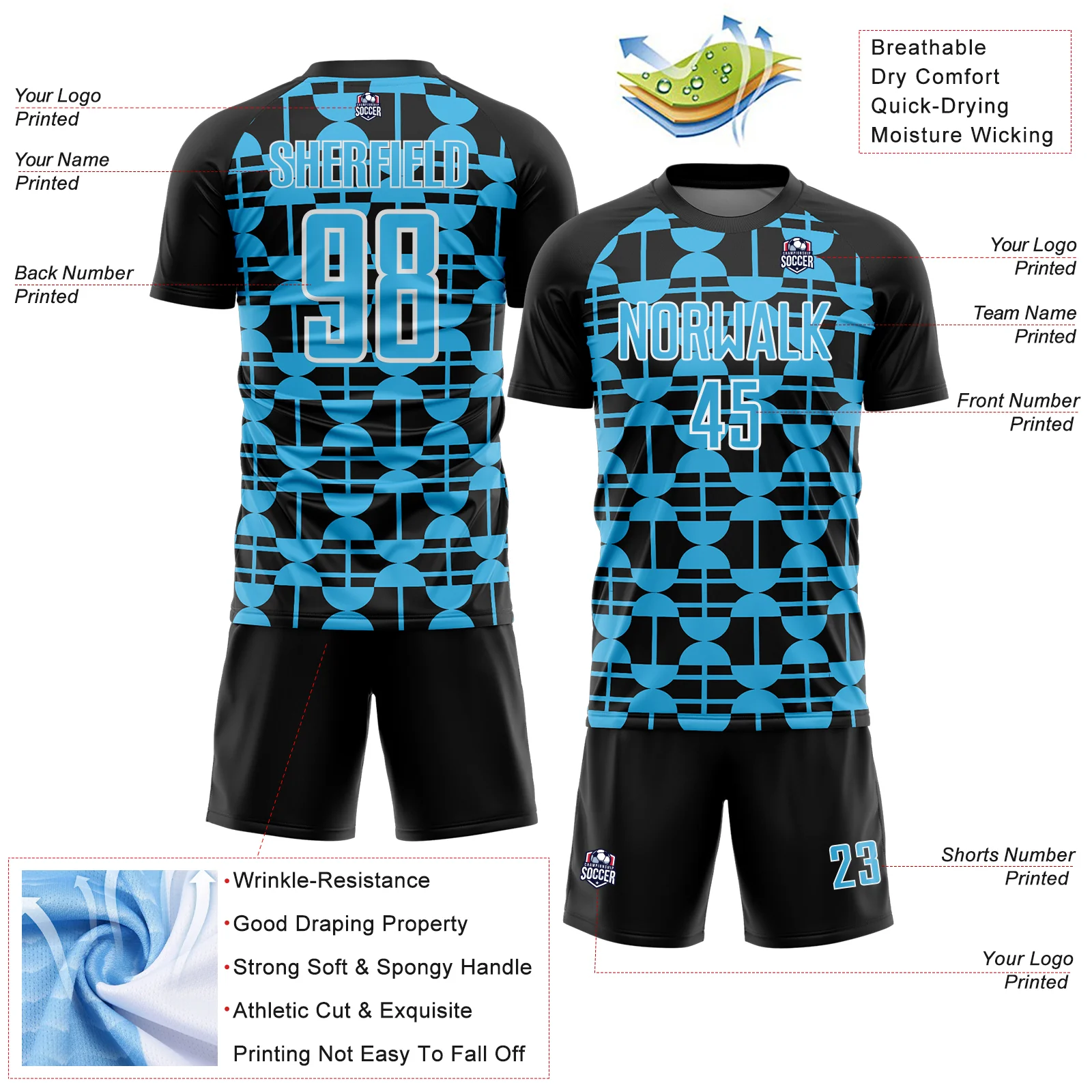 Custom Black Sky Blue-White Geometric Shapes Sports Sublimation Soccer Uniform Jersey - Image 4