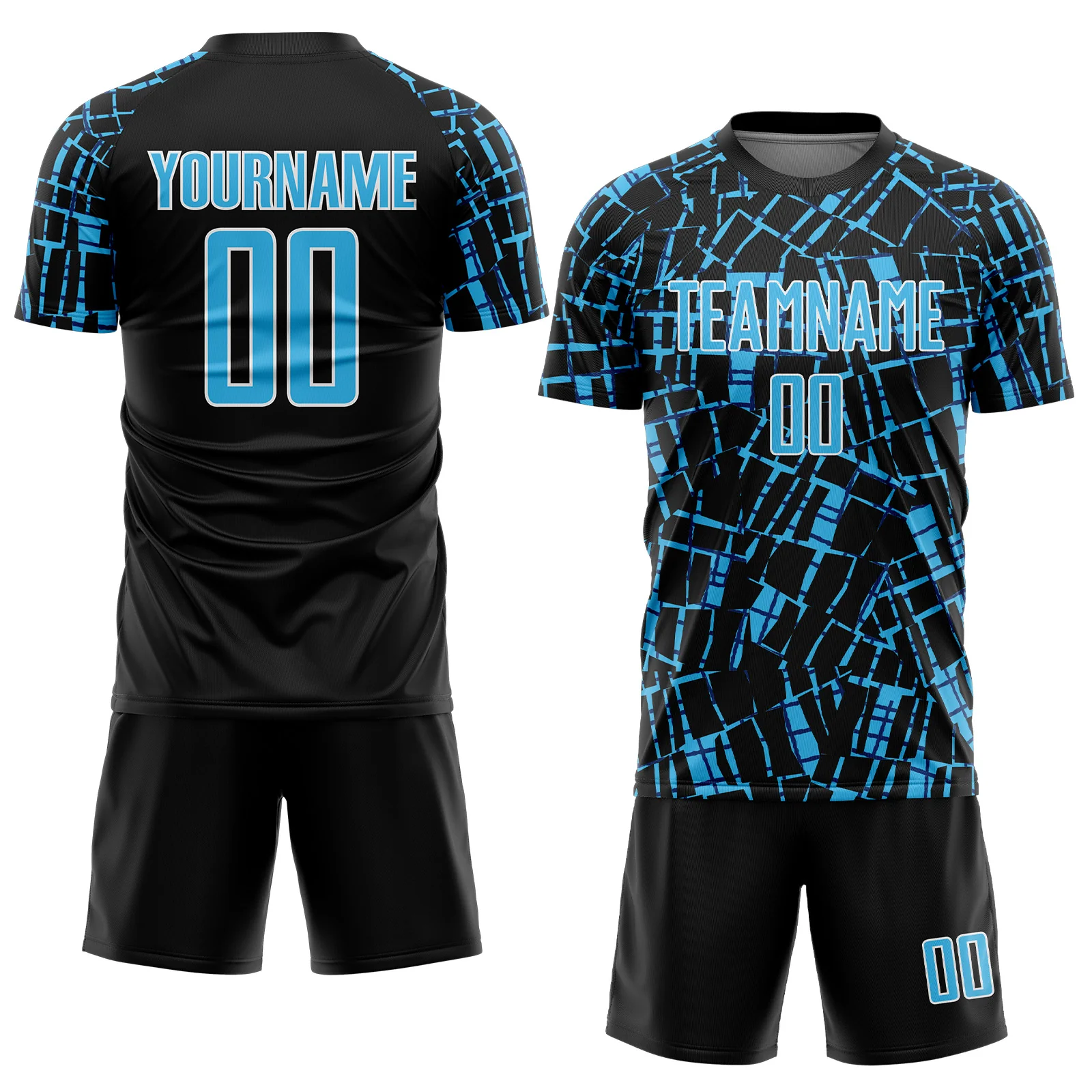 Custom Black Sky Blue-White Abstract Line Sports Sublimation Soccer Uniform Jersey - Image 2