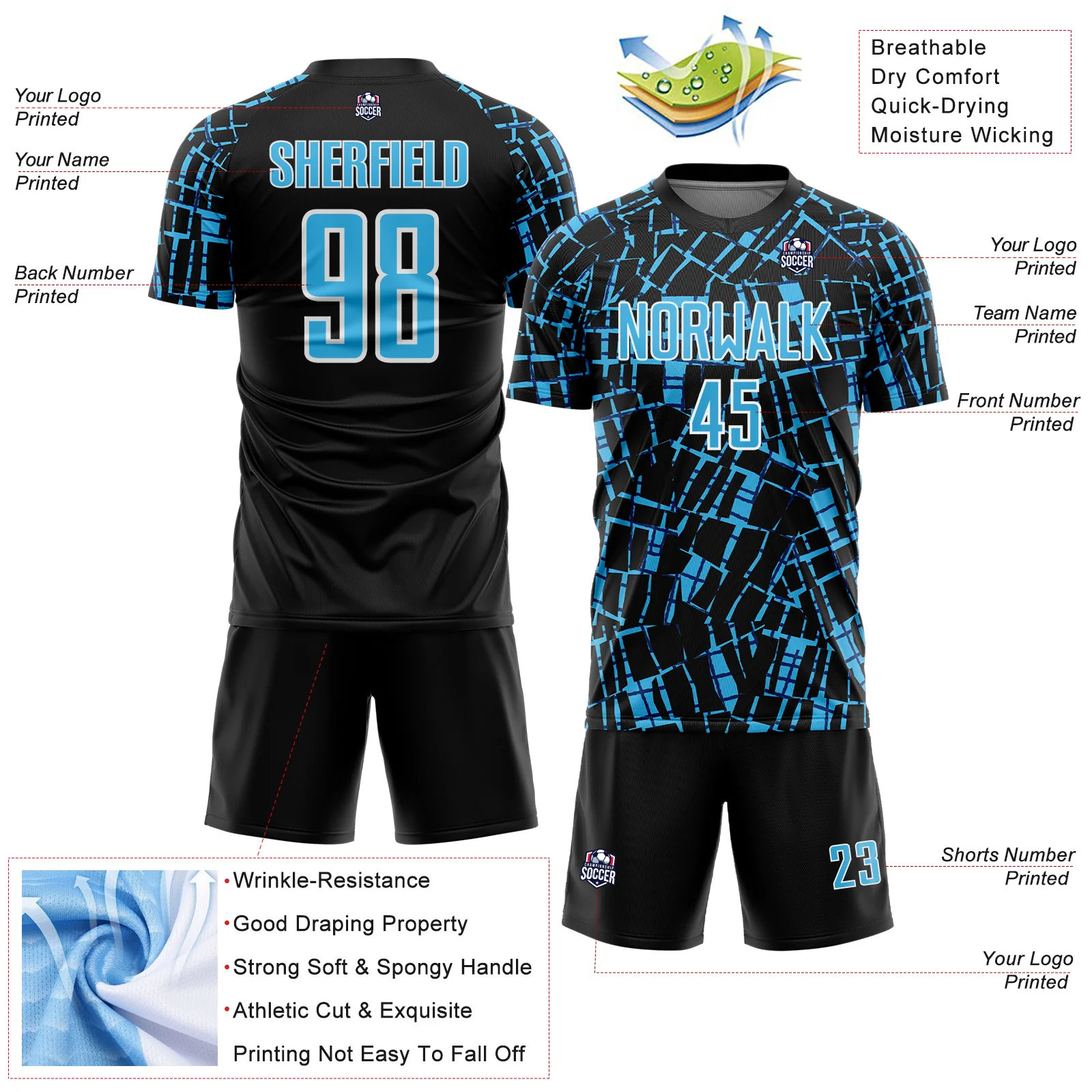 Custom Black Sky Blue-White Abstract Line Sports Sublimation Soccer Uniform Jersey - Image 4