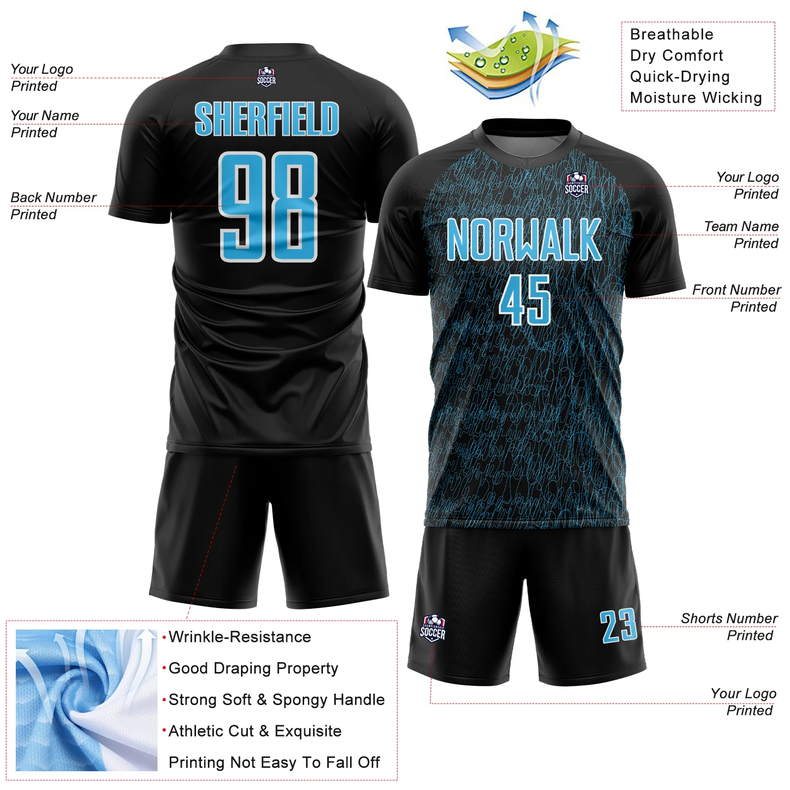 Custom Black Sky Blue-White Abstract Scribble Curve Line Pattern Sports Sublimation Soccer Uniform Jersey - Image 4