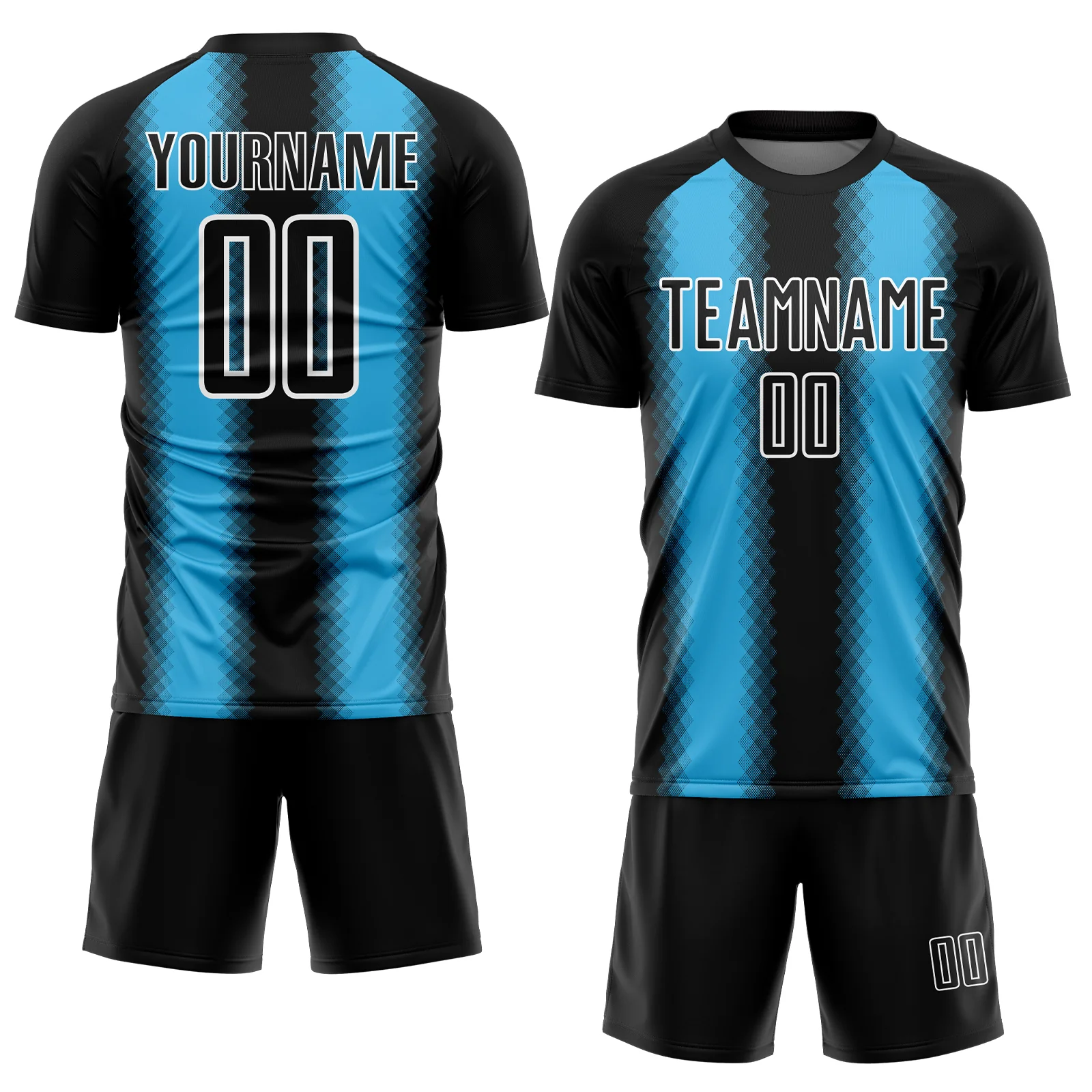 Custom Black Sky Blue-White Zigzag Diamond Stripe Sports Sublimation Soccer Uniform Jersey - Image 2