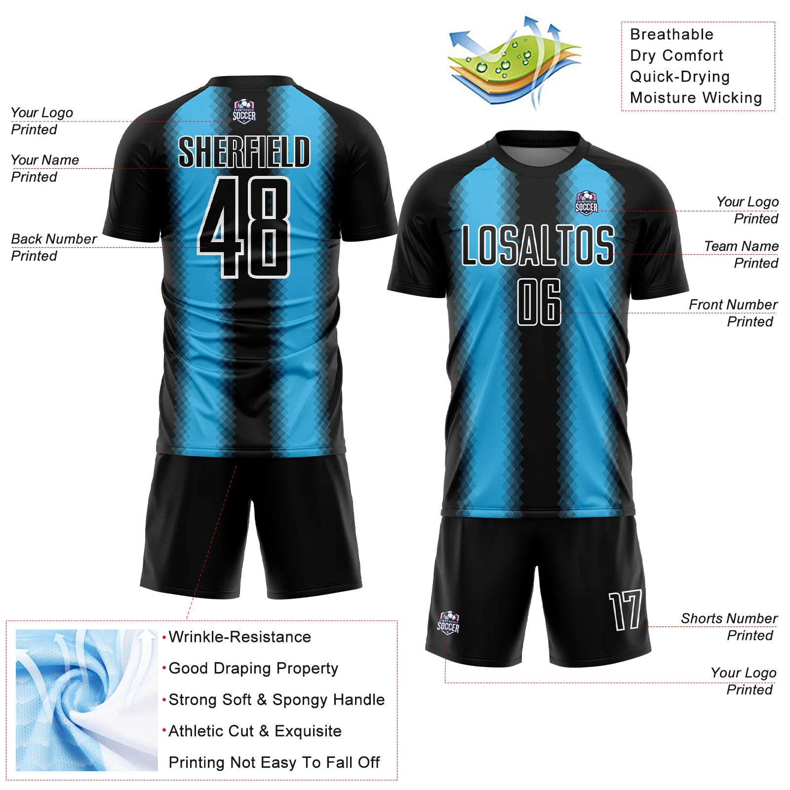 Custom Black Sky Blue-White Zigzag Diamond Stripe Sports Sublimation Soccer Uniform Jersey - Image 4