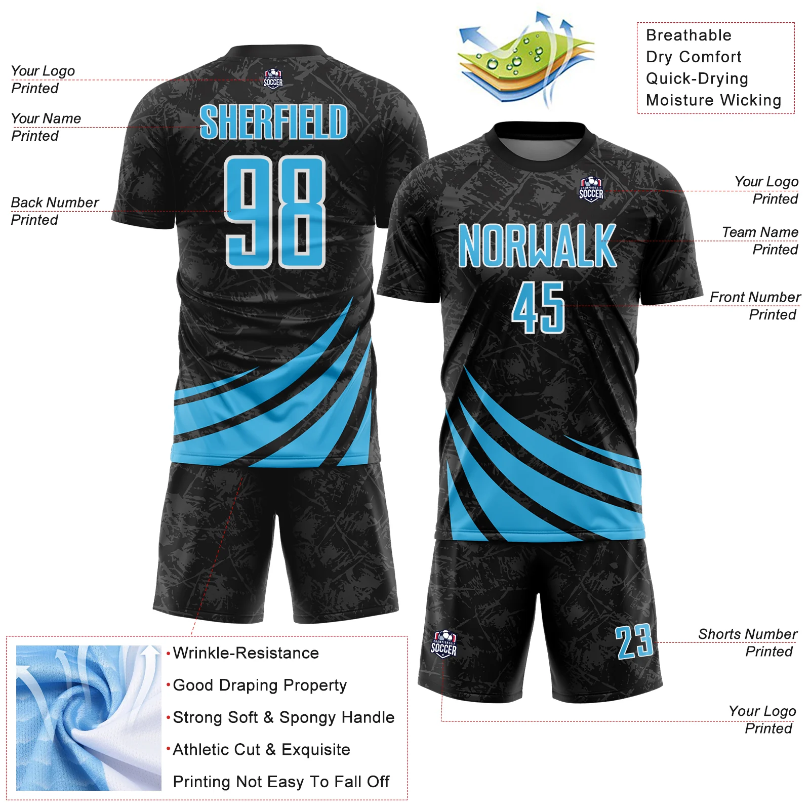 Custom Black Sky Blue-White Distressed Diagonal Stripes Wind Shapes Sports Sublimation Soccer Uniform Jersey - Image 4