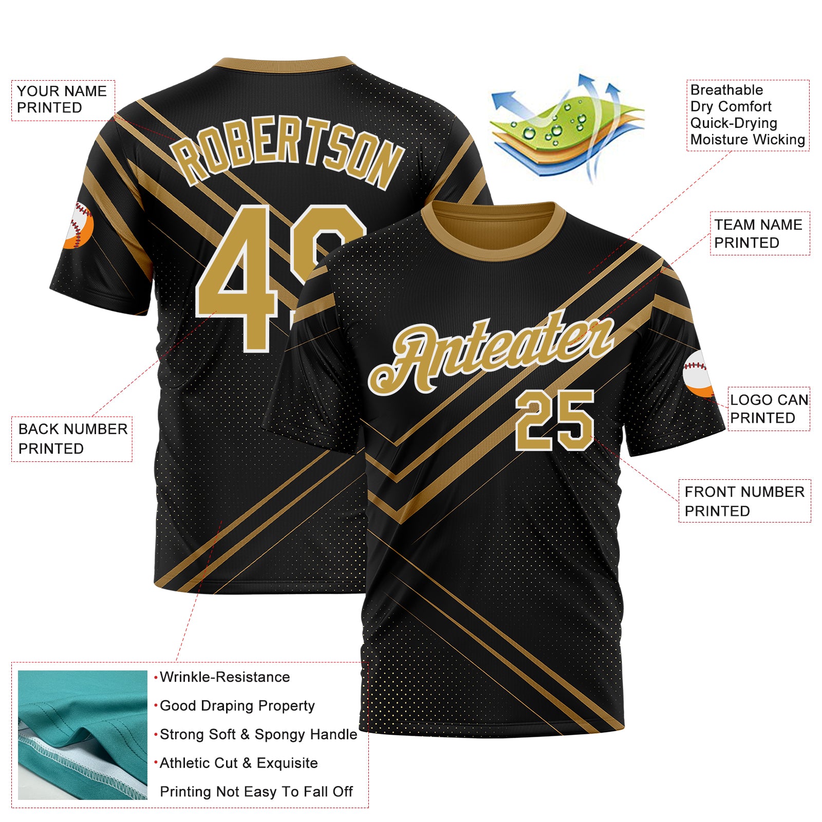 Custom Black Old Gold-White 3D Pattern Design Geometric Shape Sportswear Performance T-Shirt - Image 2