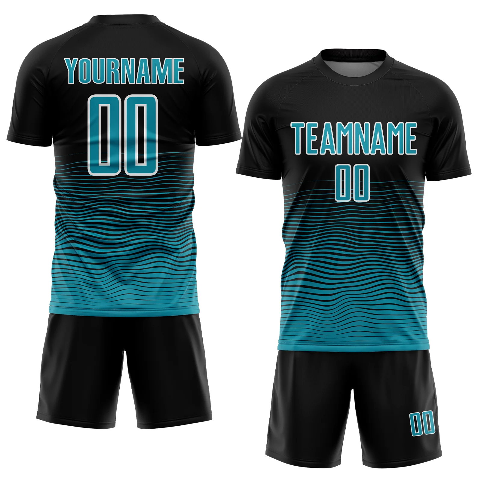 Custom Black Teal-White Gradient Line Sublimation Soccer Uniform Jersey - Image 2