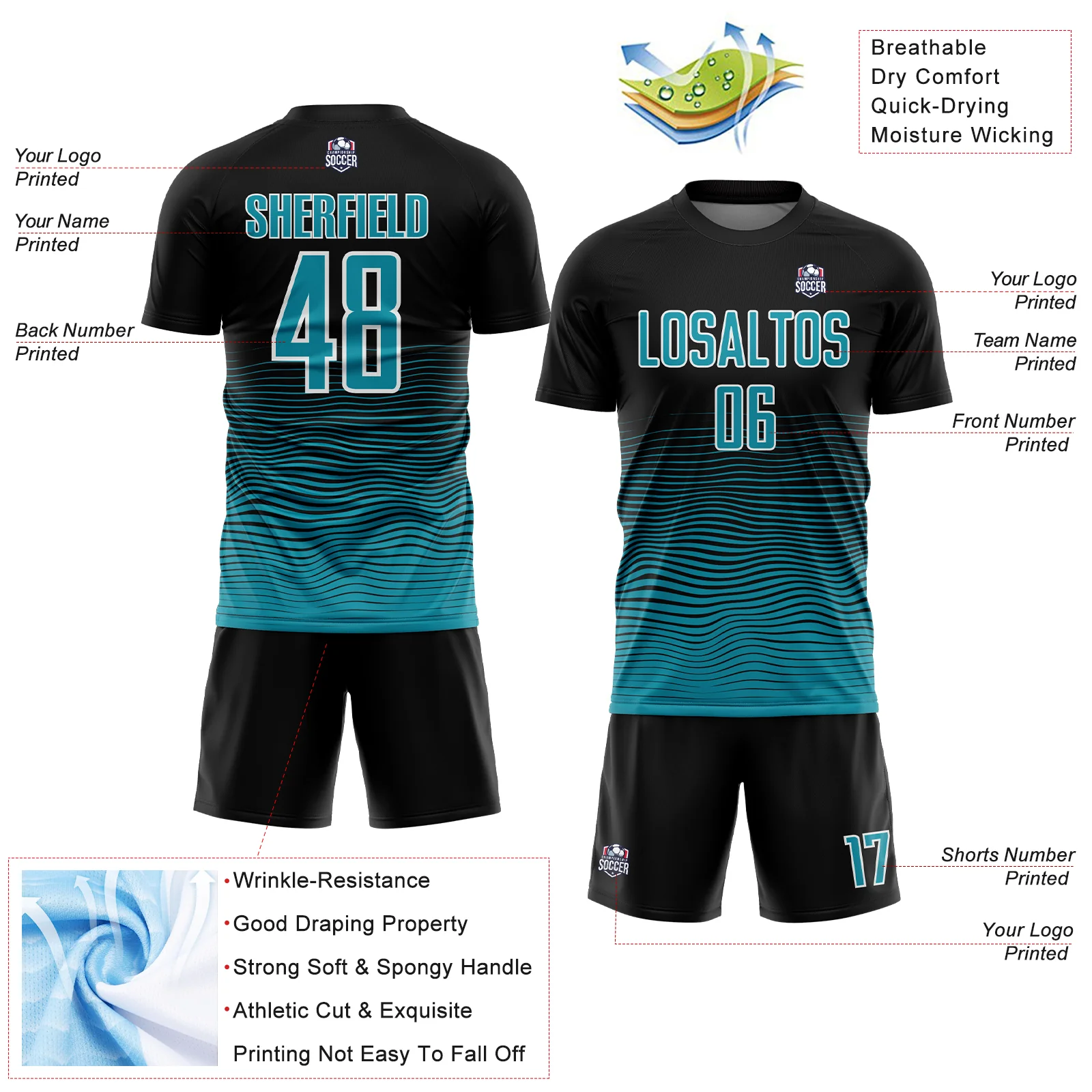 Custom Black Teal-White Gradient Line Sublimation Soccer Uniform Jersey - Image 4