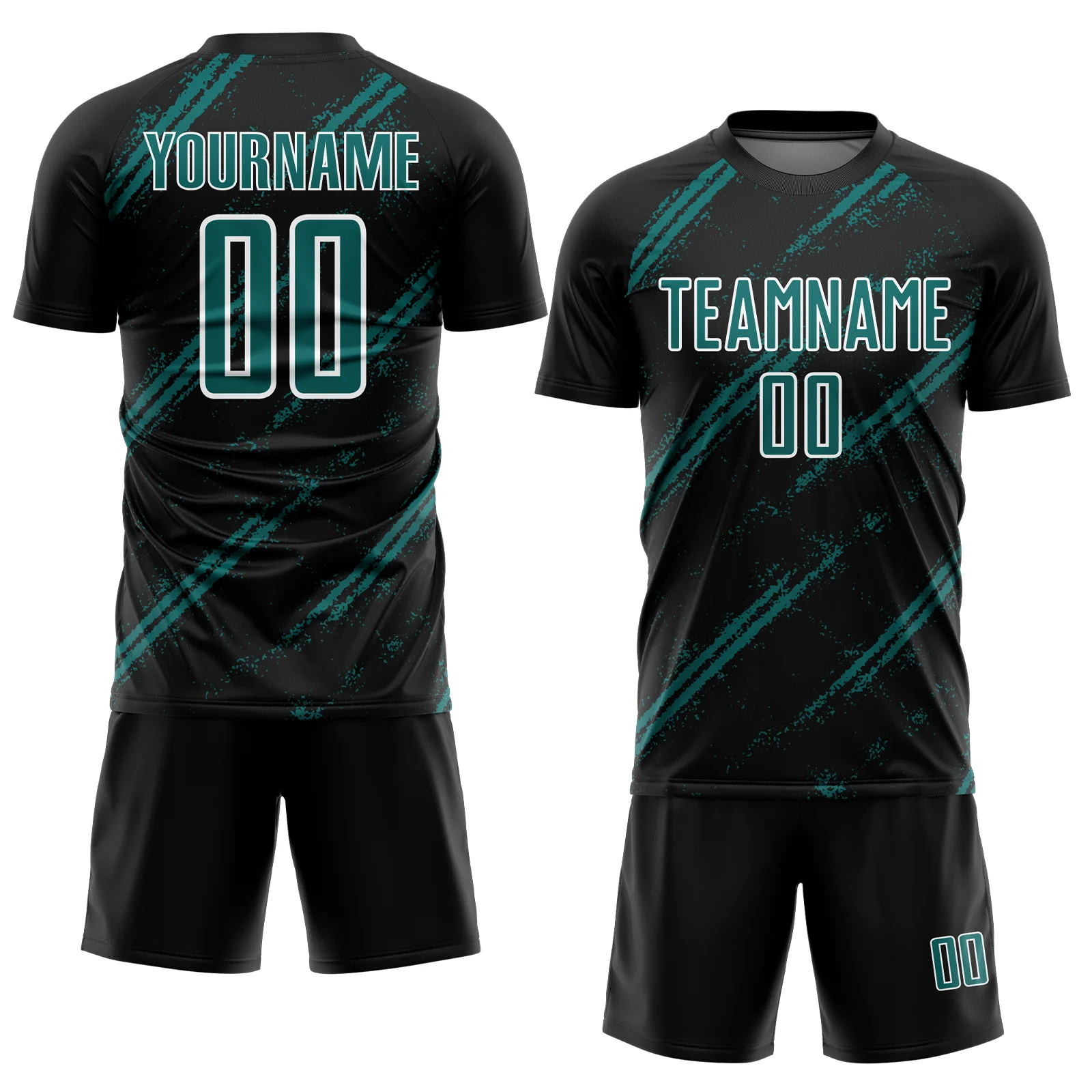 Custom Black Teal-White Abstract Fragment Art Splash Sublimation Soccer Uniform Jersey - Image 2
