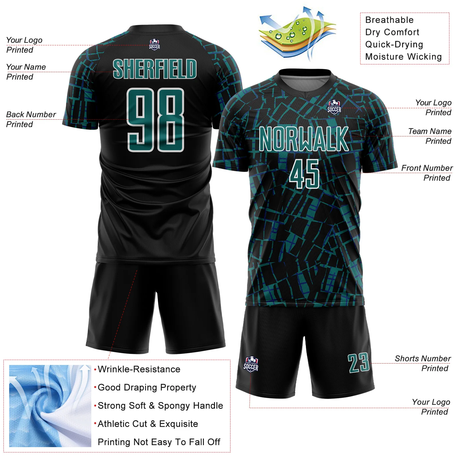 Custom Black Teal-White Abstract Line Sports Sublimation Soccer Uniform Jersey - Image 4