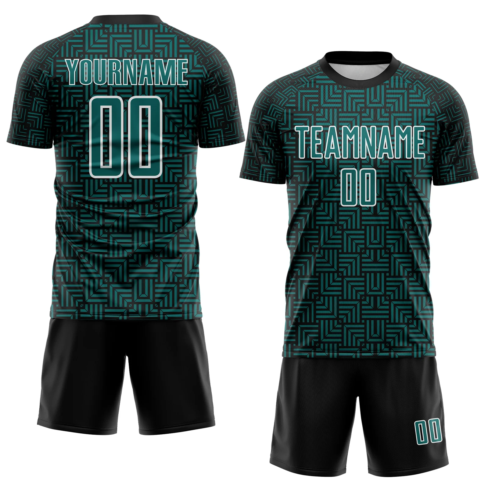 Custom Black Teal-White Geometric Maze Interlocking Square Sports Sublimation Soccer Uniform Jersey - Image 2