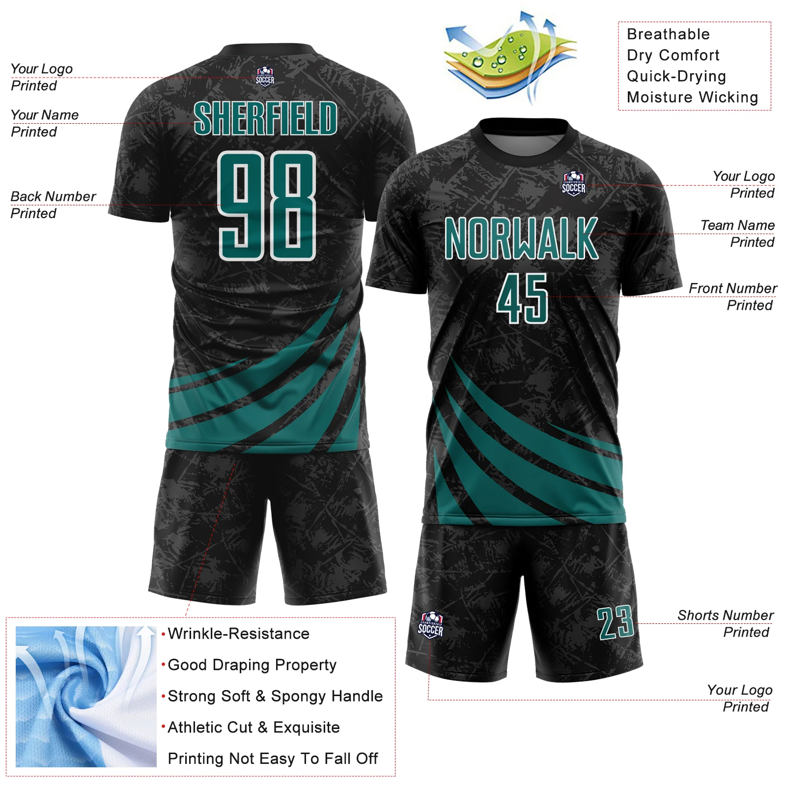 Custom Black Teal-White Distressed Diagonal Stripes Wind Shapes Sports Sublimation Soccer Uniform Jersey - Image 4