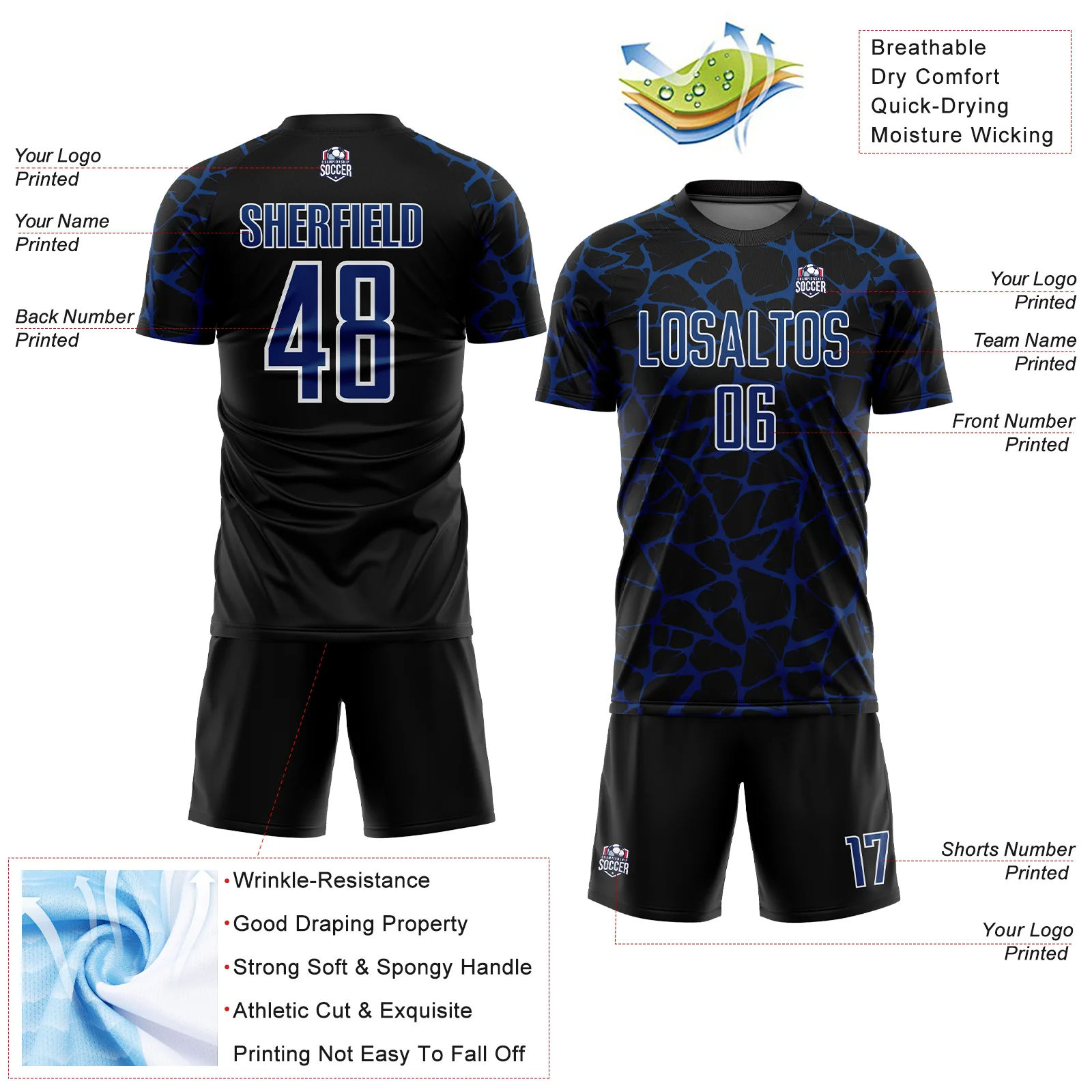 Custom Black US Navy Blue-White Abstract Network Splash Sublimation Soccer Uniform Jersey - Image 4