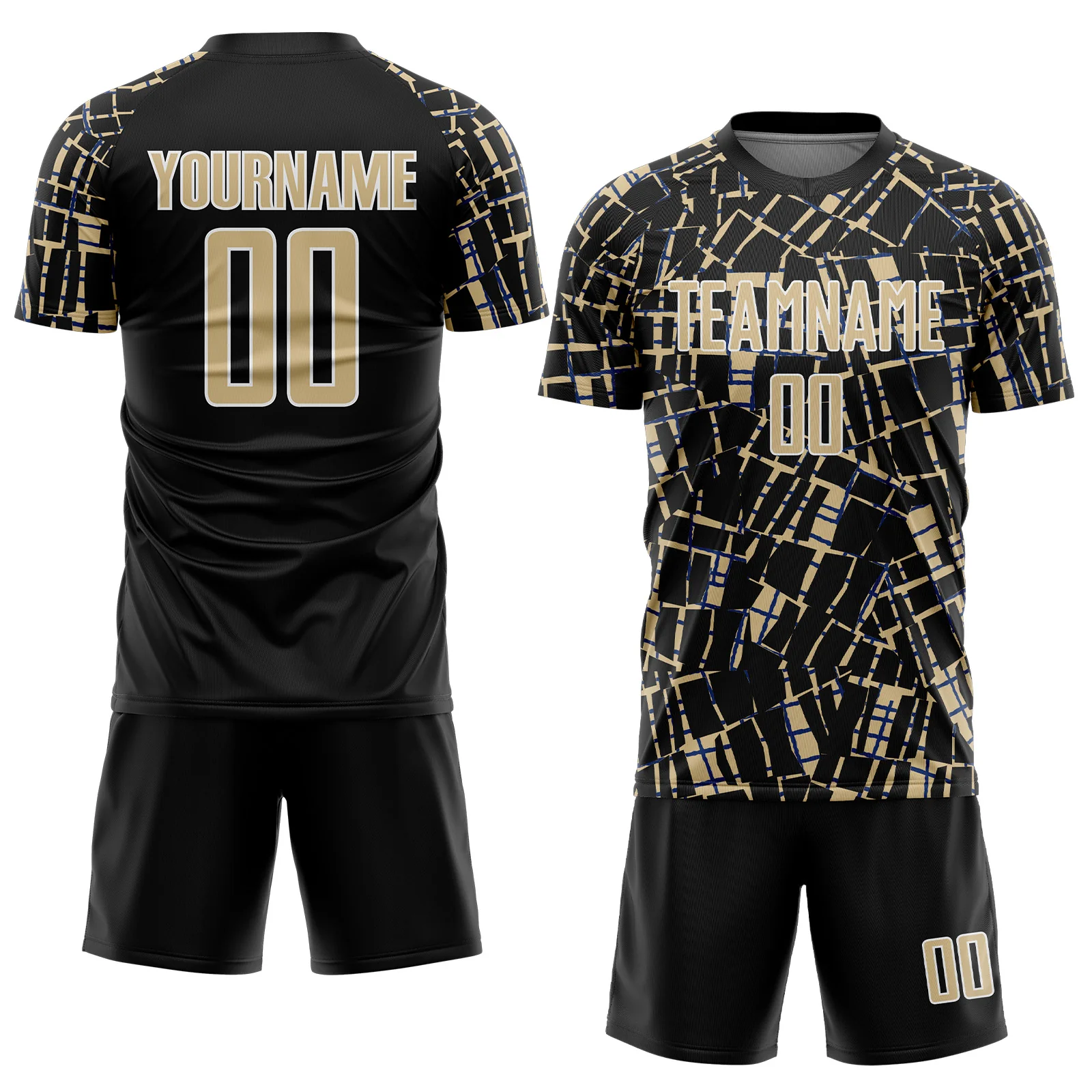 Custom Black Vegas Gold-White Abstract Line Sports Sublimation Soccer Uniform Jersey - Image 2