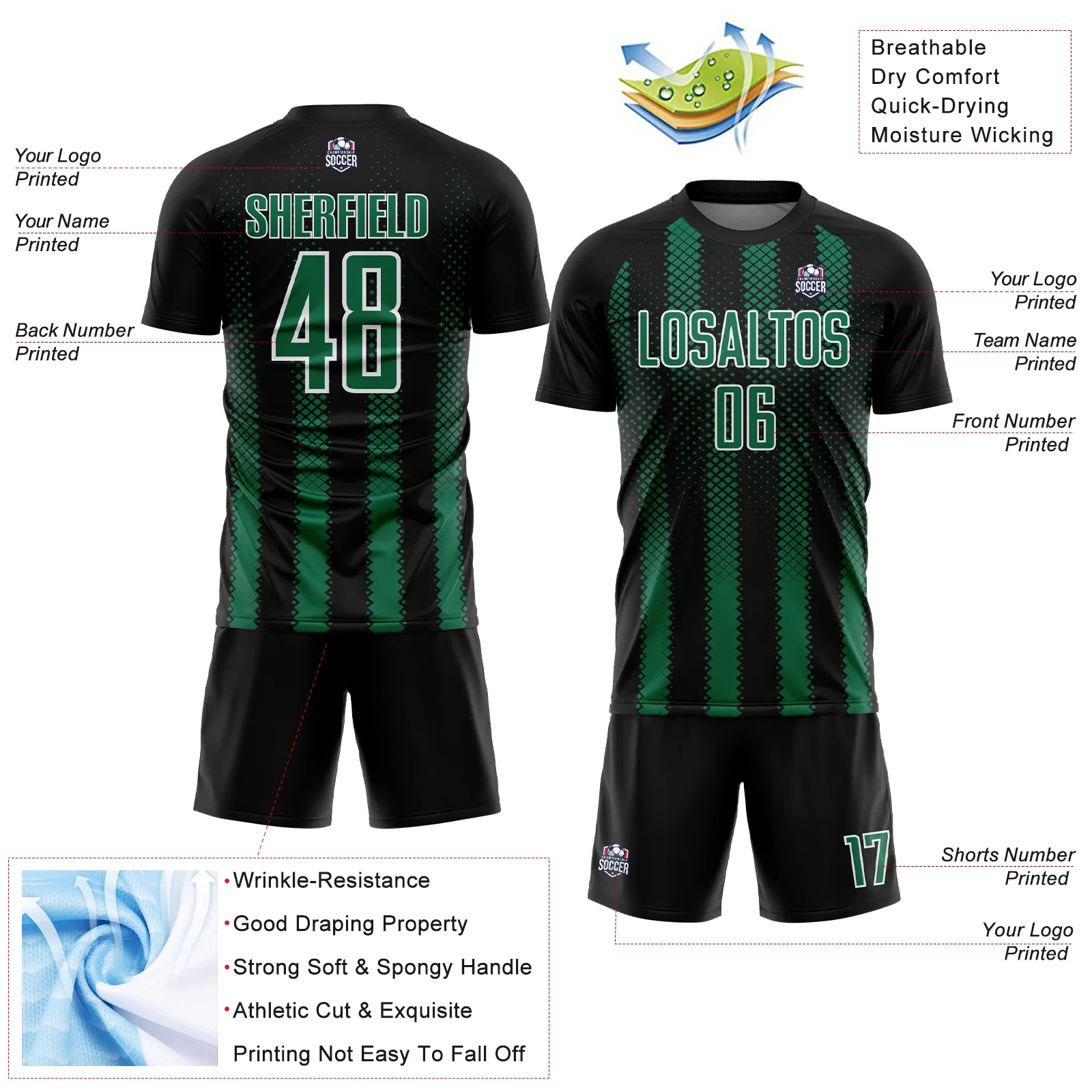 Custom Black Kelly Green-White Geometric Shape Sublimation Soccer Uniform Jersey - Image 4