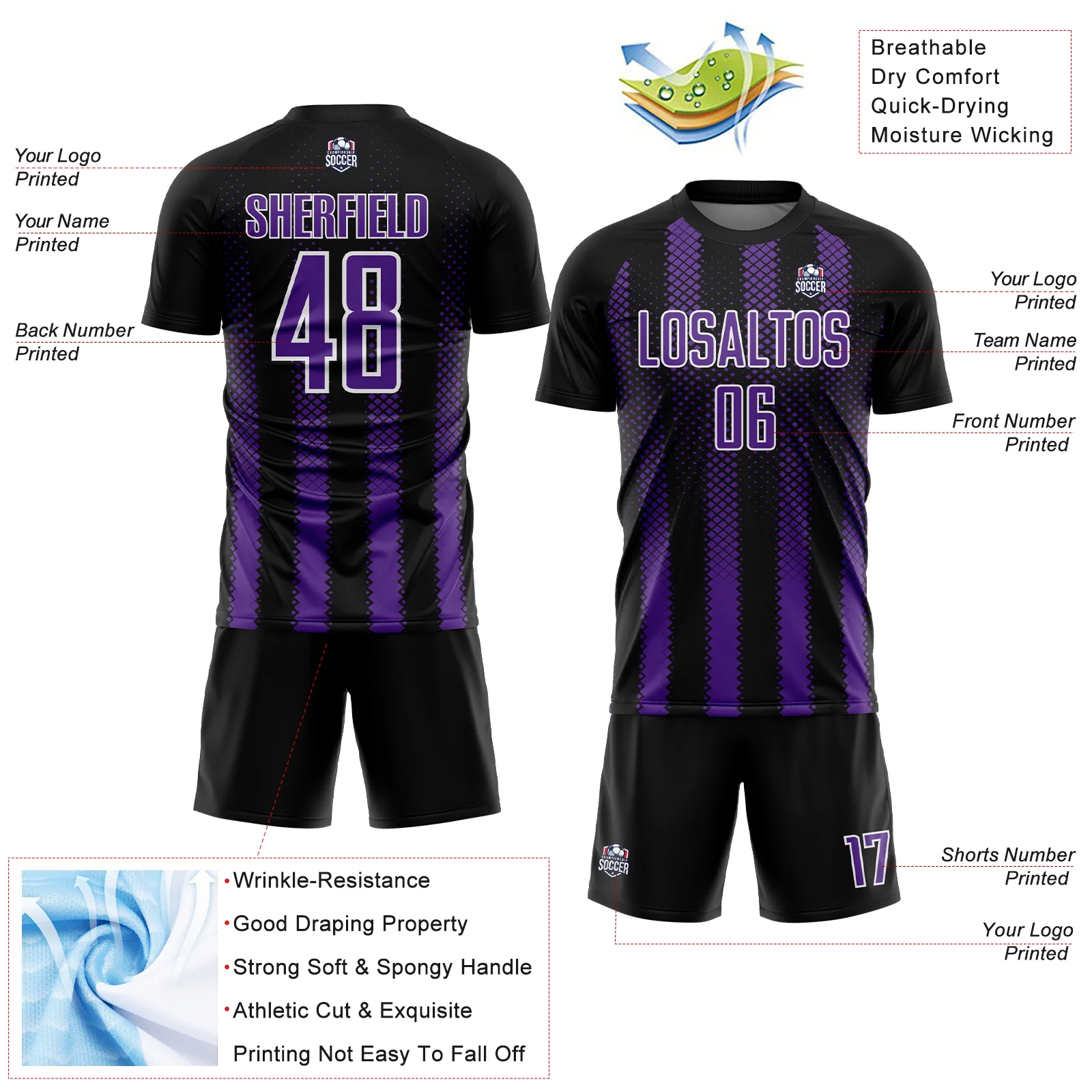 Custom Black Purple-White Geometric Shape Sublimation Soccer Uniform Jersey - Image 4