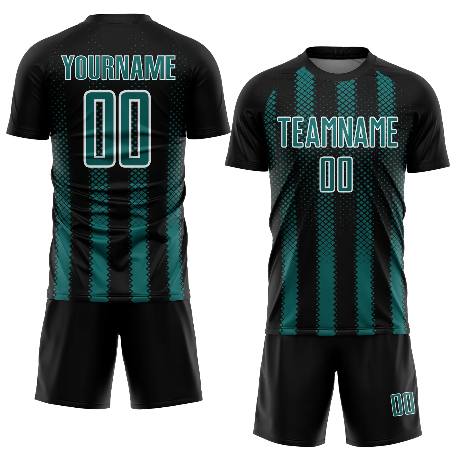 Custom Black Teal-White Geometric Shape Sublimation Soccer Uniform Jersey - Image 2