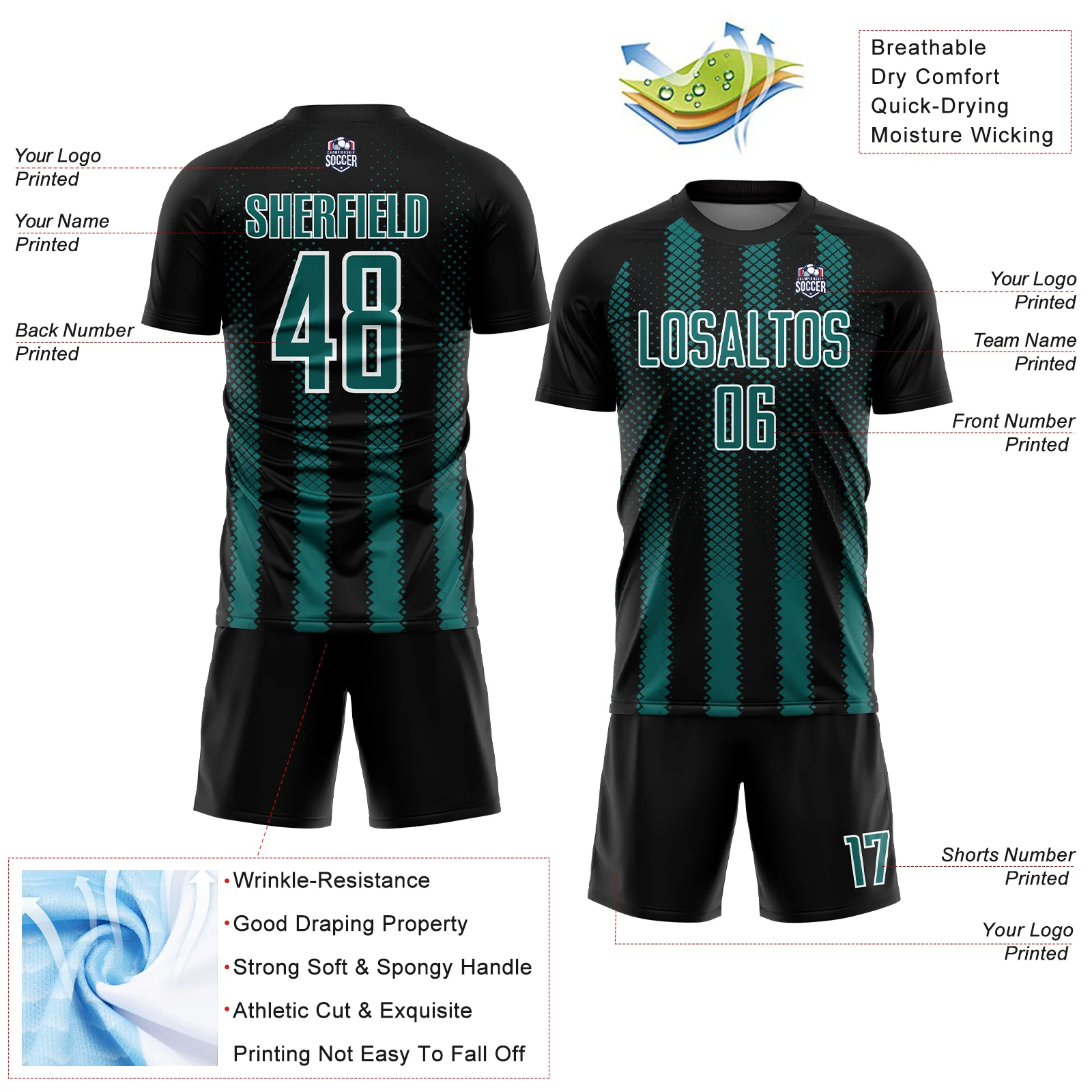 Custom Black Teal-White Geometric Shape Sublimation Soccer Uniform Jersey - Image 4