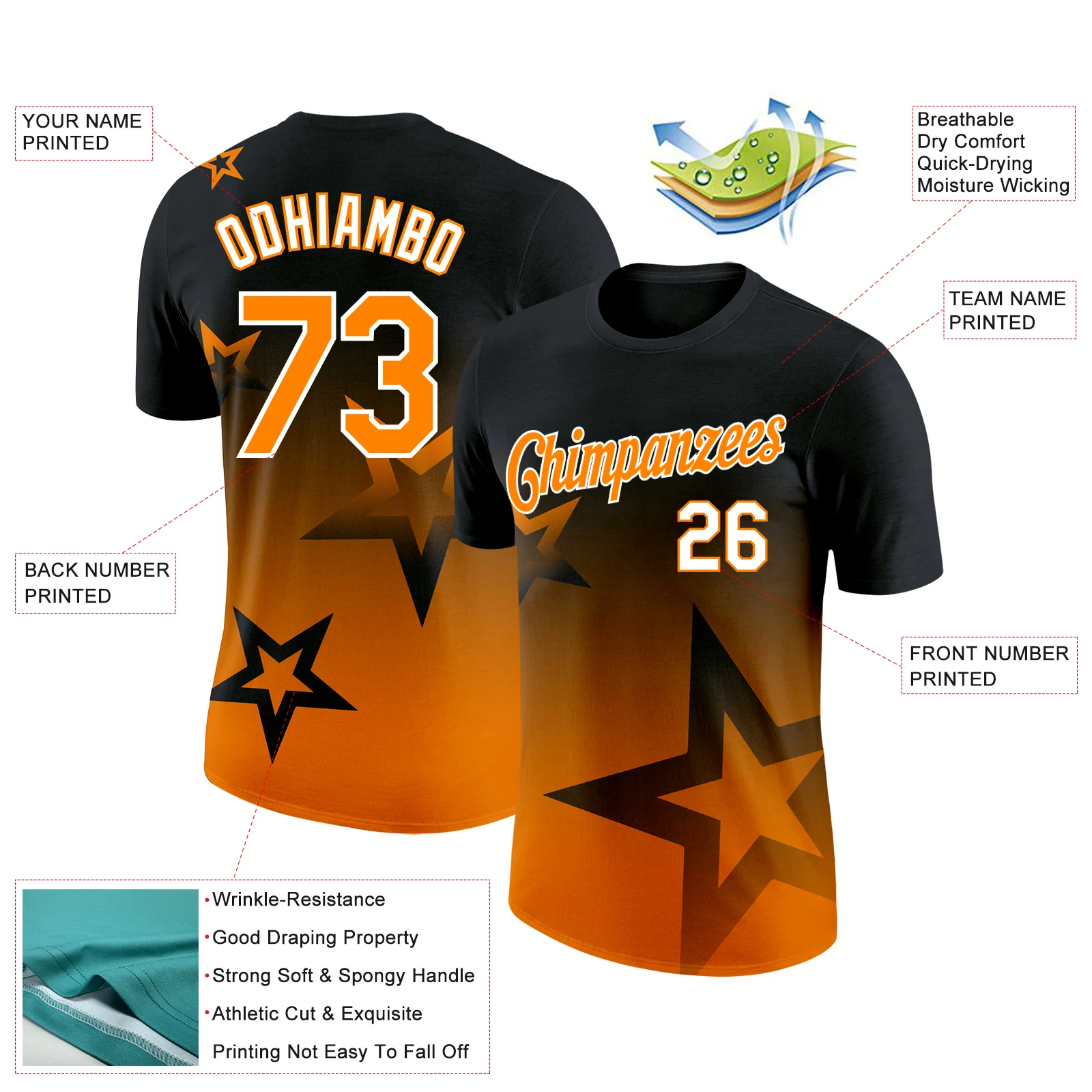 Custom Black Bay Orange-White 3D Pattern Design Gradient Style Twinkle Star Performance T-Shirt - Image 2