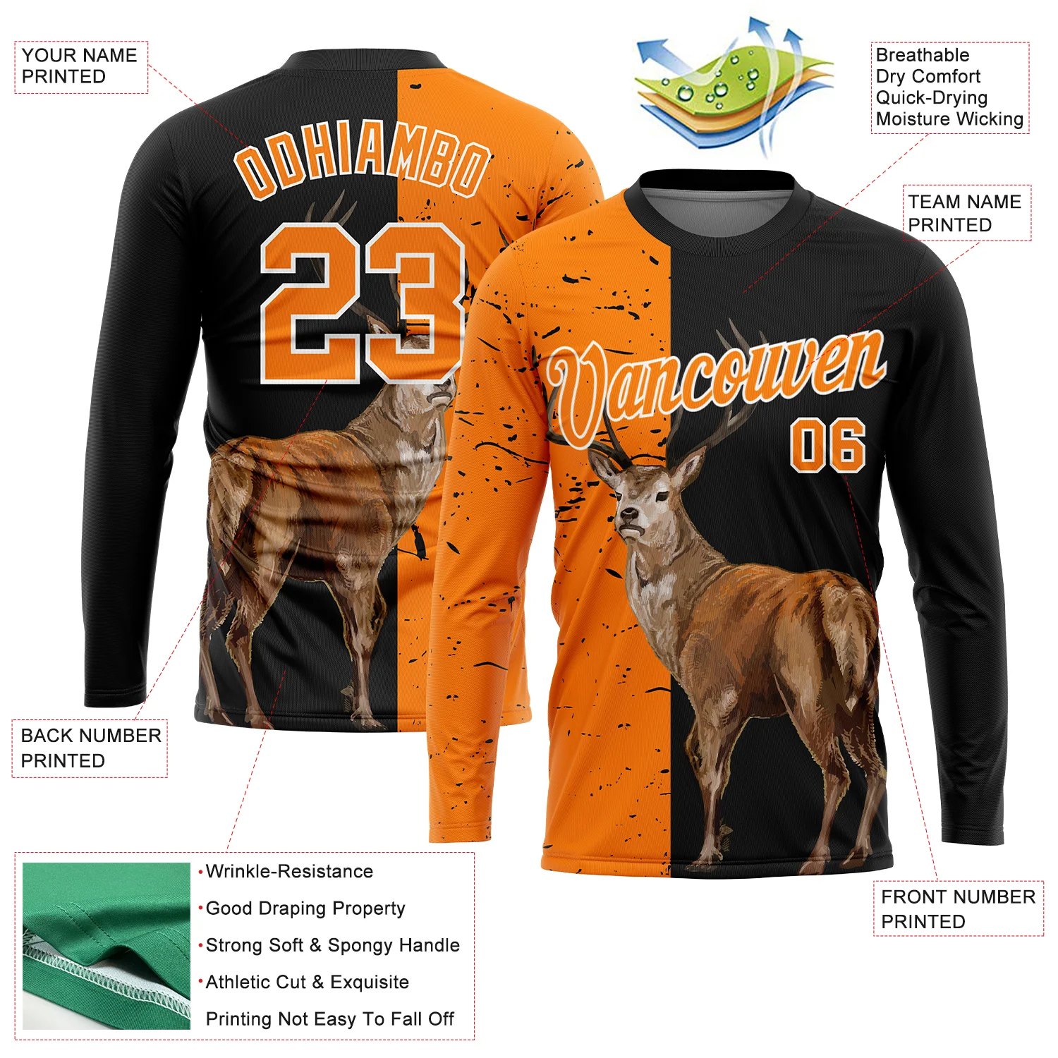 Custom Black Bay Orange-White 3D Animal Deer Hunting Sleeve Performance T-Shirt - Image 2