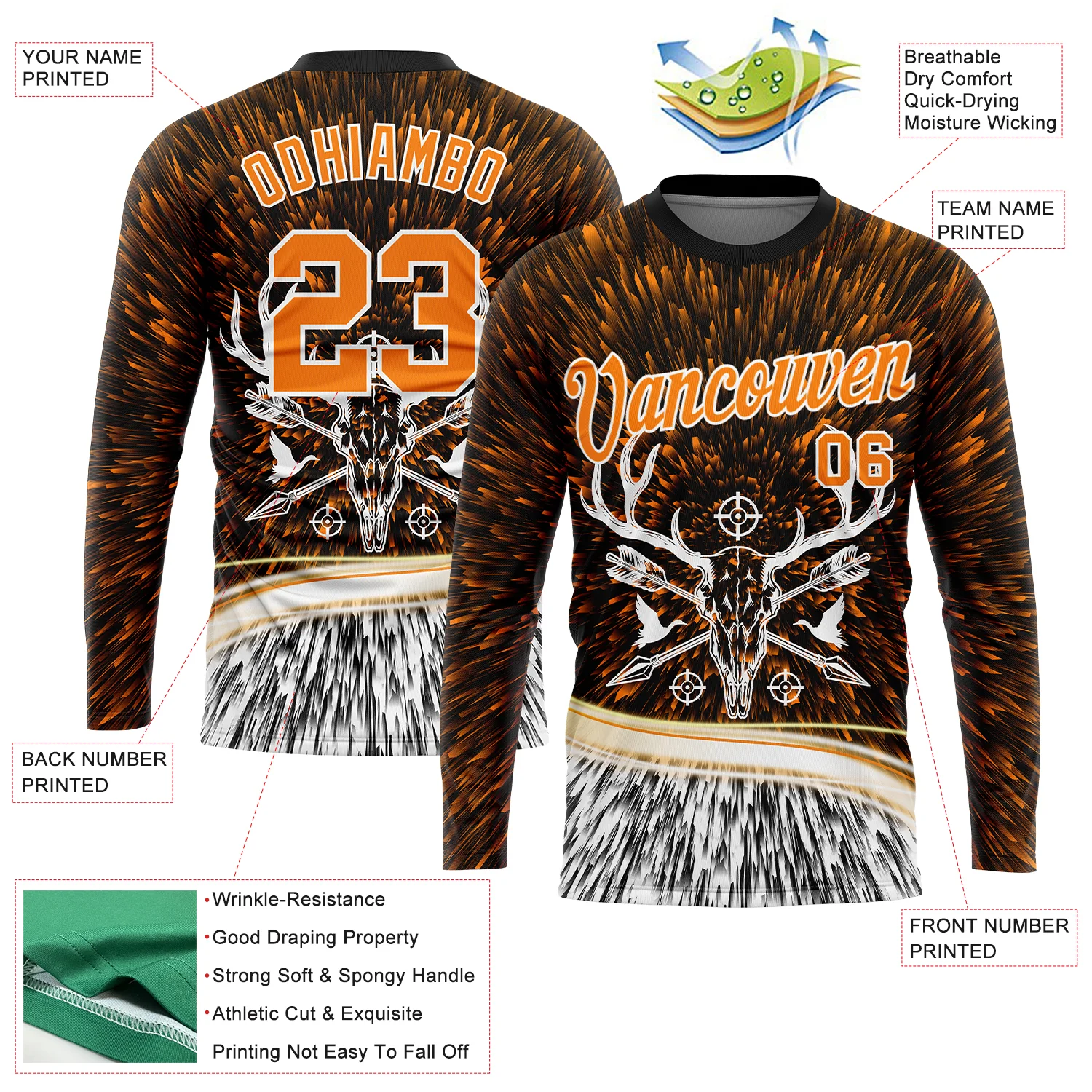 Custom Black Bay Orange-White 3D Animal Deer Hunting Tool Arrow Long Sleeve Performance T-Shirt - Image 2