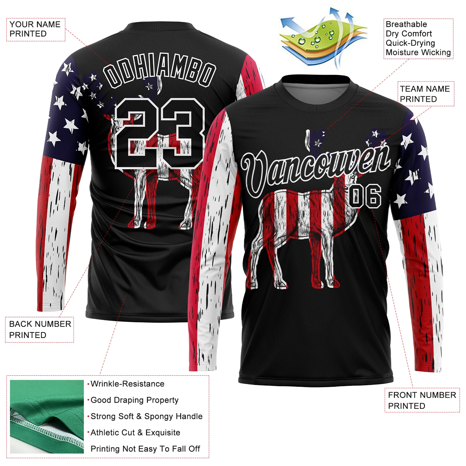 Custom Black White 3D Animal Deer Hunting American Flag Long Sleeve Performance T-Shirt - Image 2