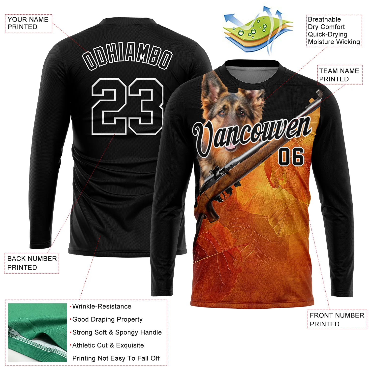 Custom Black White 3D Animal Shepherd Dog Hunting Tool Gun Long Sleeve Performance T-Shirt - Image 2