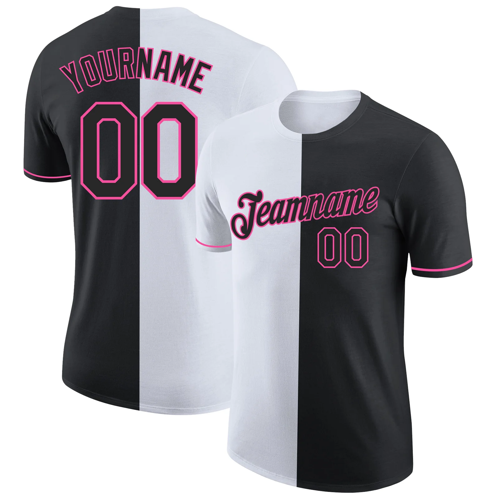 Custom Black White-Pink Split Fashion Performance T-Shirt