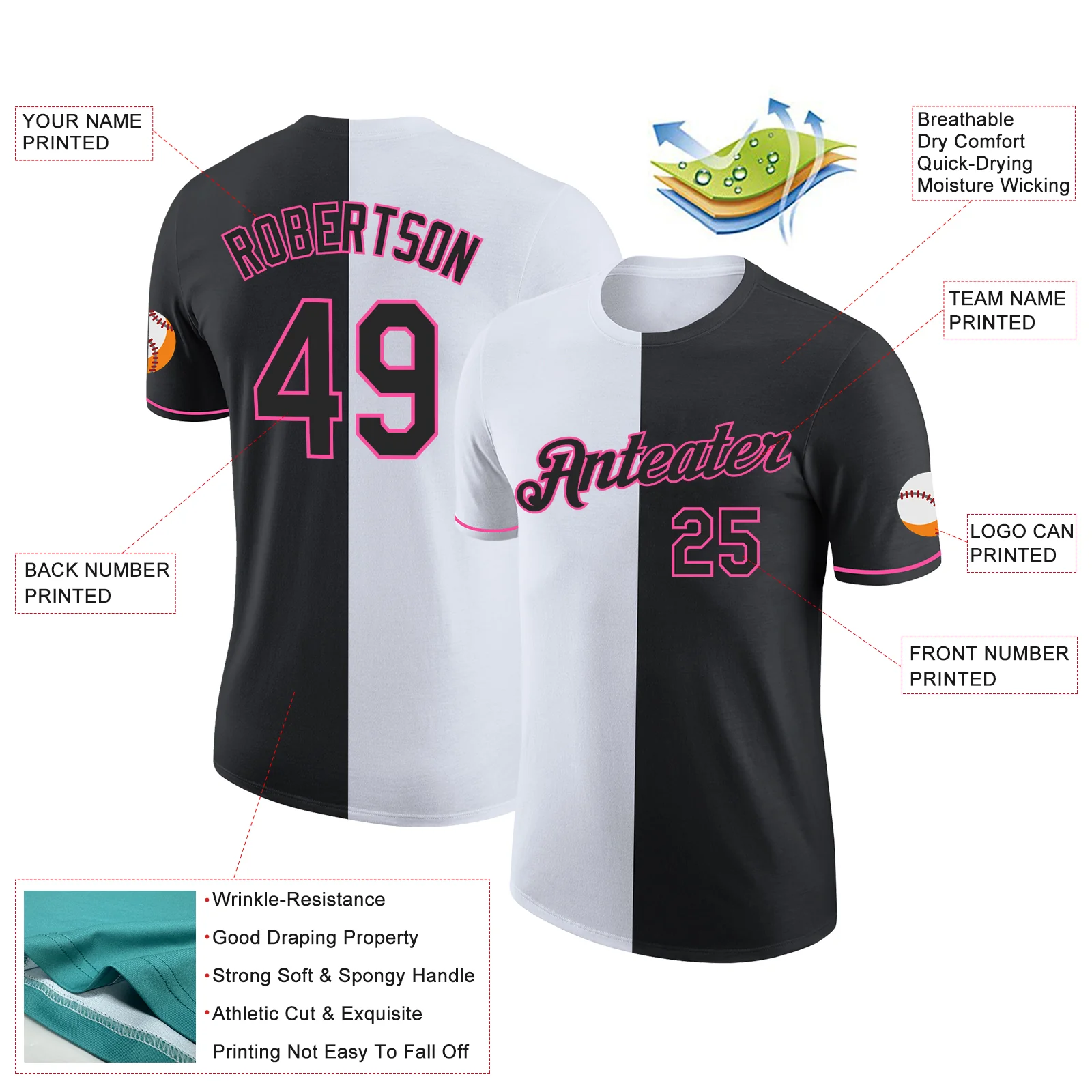 Custom Black White-Pink Split Fashion Performance T-Shirt - Image 2