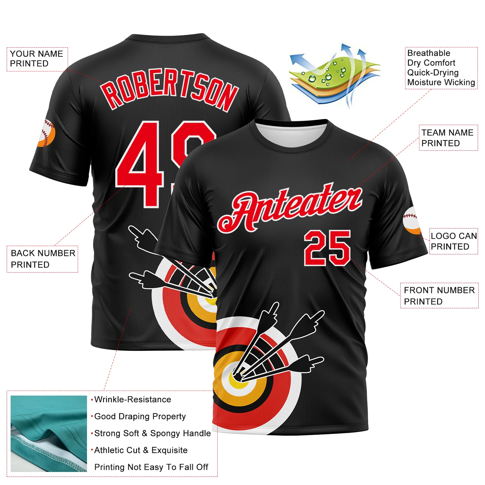 Custom Black Fire Red-White 3D Pattern Design Arrow Archery Bow Target Performance T-Shirt - Image 2