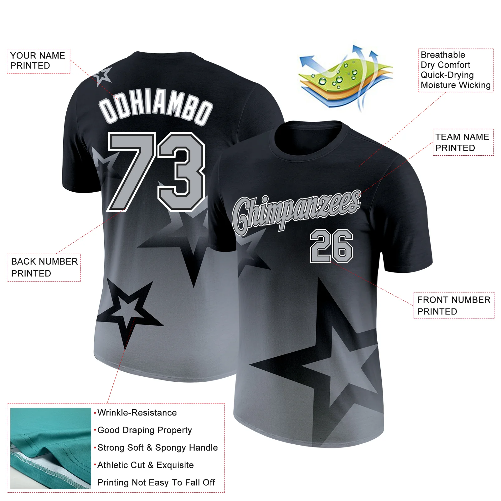 Custom Black Gray-White 3D Pattern Design Gradient Style Twinkle Star Performance T-Shirt - Image 2