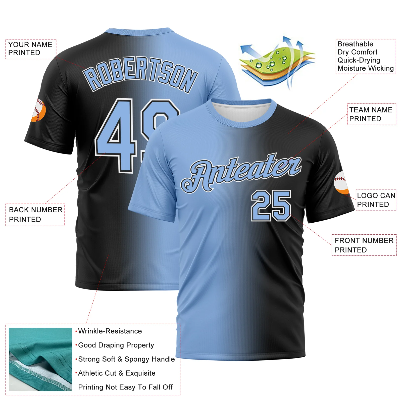 Custom Black Light Blue-White Gradient Fashion Performance T-Shirt - Image 3