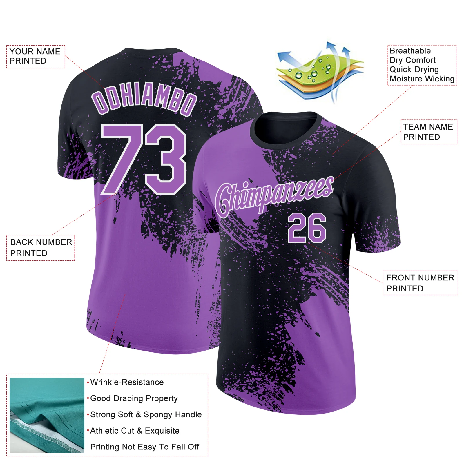 Custom Black Medium Purple-White 3D Pattern Design Abstract Brush Stroke Performance T-Shirt - Image 2