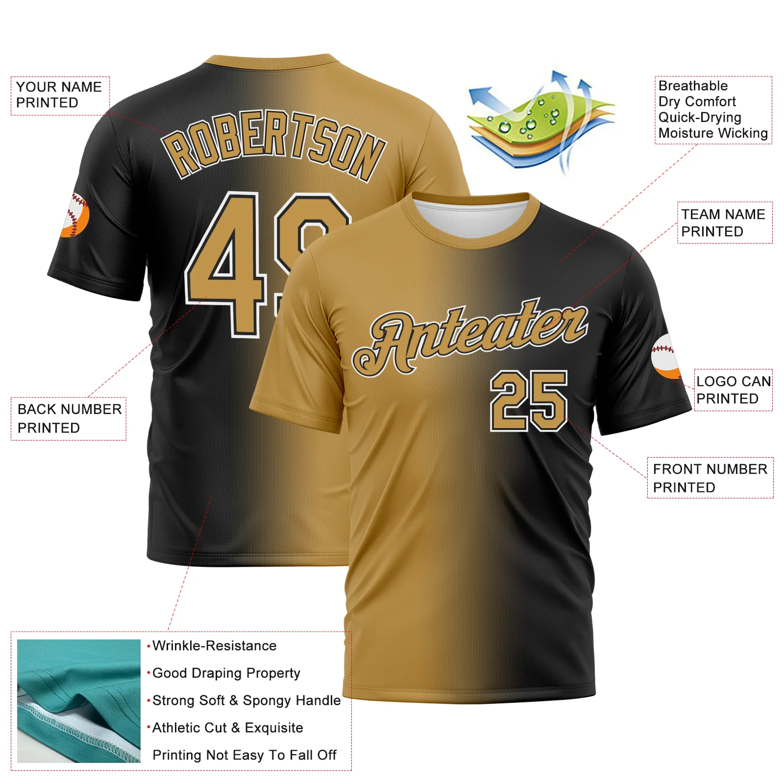 Custom Black Old Gold-White Gradient Fashion Performance T-Shirt - Image 3