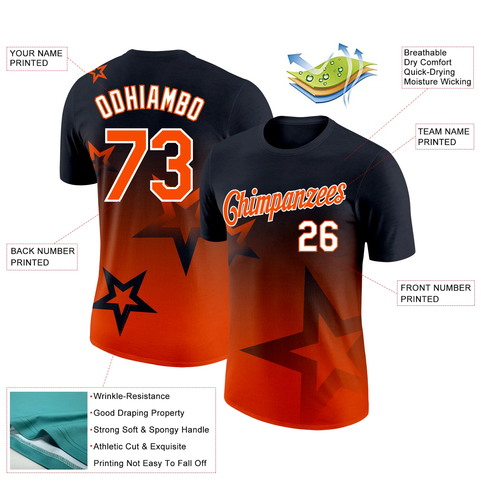 Custom Black Orange-White 3D Pattern Design Gradient Style Twinkle Star Performance T-Shirt - Image 2
