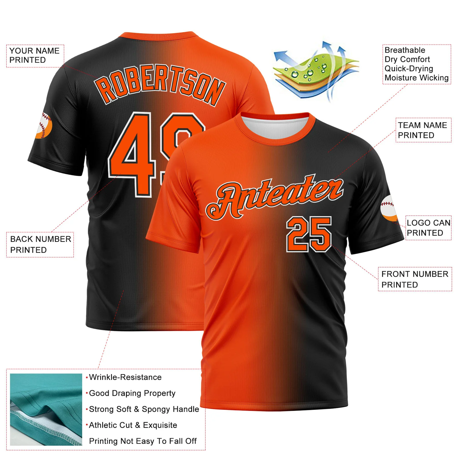 Custom Black Orange-White Gradient Fashion Performance T-Shirt - Image 3