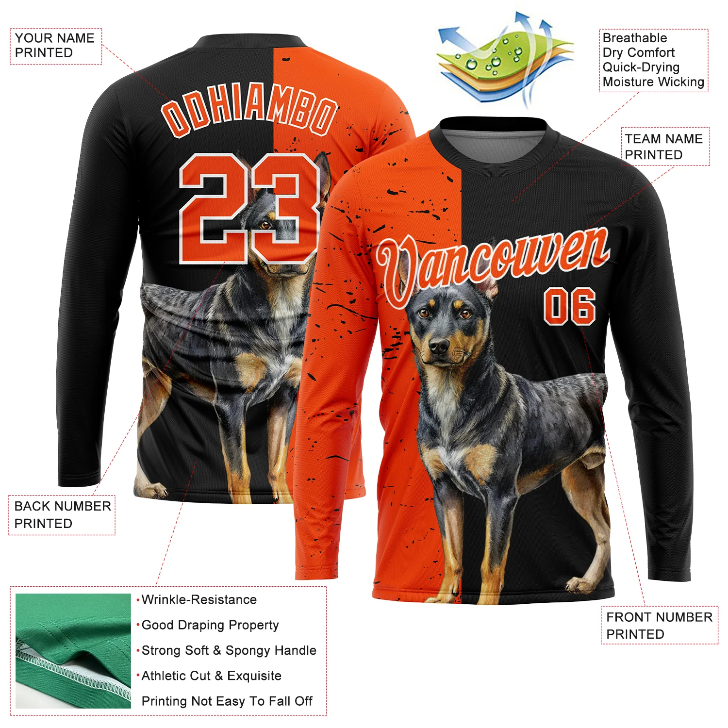 Custom Black Orange-White 3D Animal Rottweiler Dog Hunting Sleeve Performance T-Shirt - Image 2