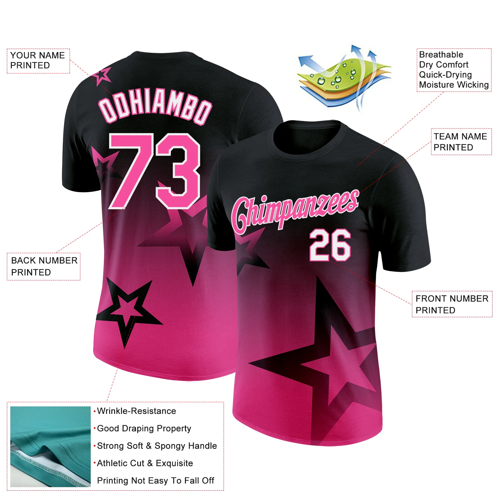 Custom Black Pink-White 3D Pattern Design Gradient Style Twinkle Star Performance T-Shirt - Image 2