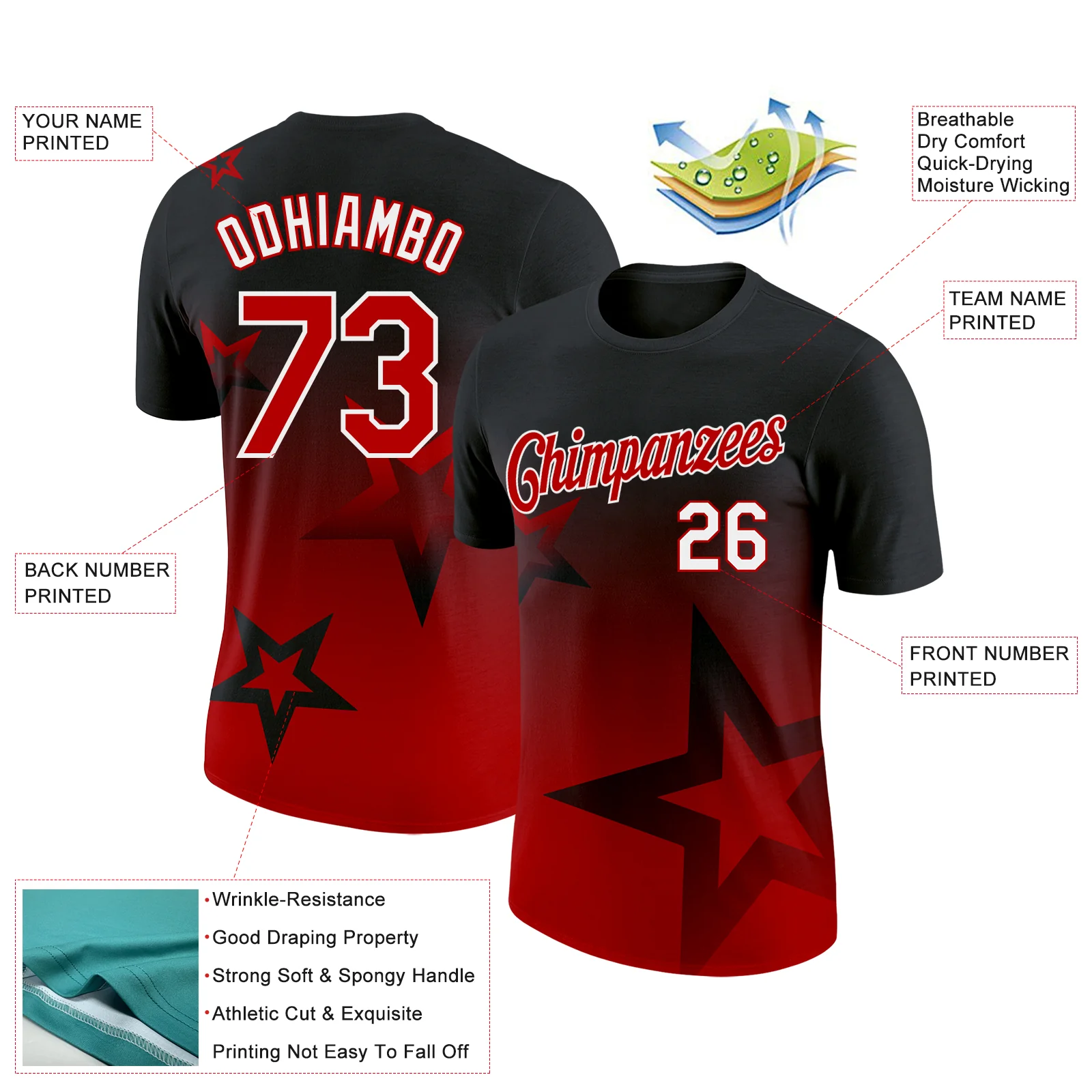 Custom Black Red-White 3D Pattern Design Gradient Style Twinkle Star Performance T-Shirt - Image 2