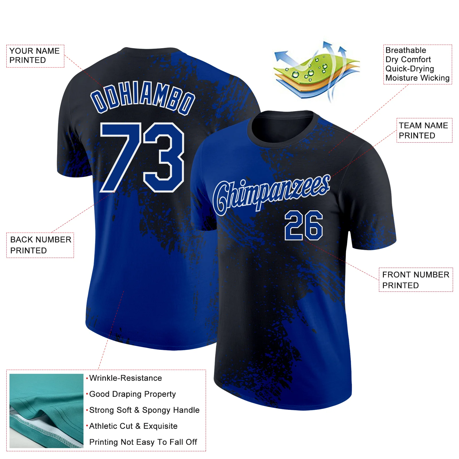 Custom Black Royal-White 3D Pattern Design Abstract Brush Stroke Performance T-Shirt - Image 2