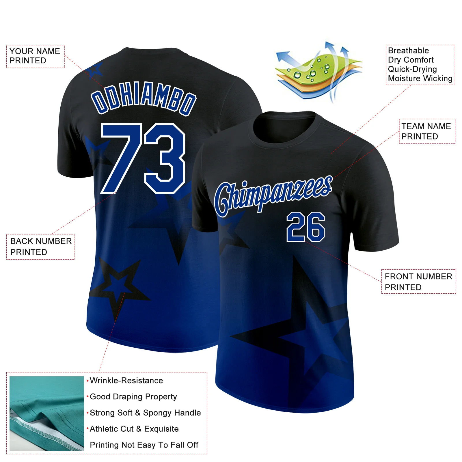 Custom Black Royal-White 3D Pattern Design Gradient Style Twinkle Star Performance T-Shirt - Image 2