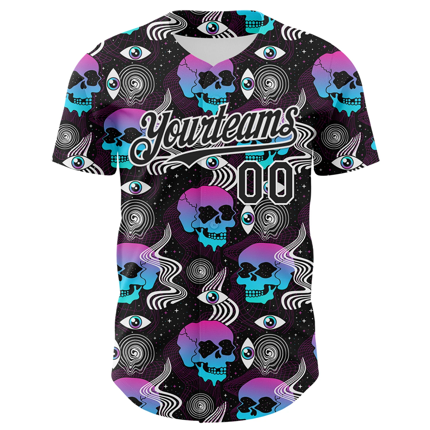 Custom Black White 3D Pattern Design Rave Psychedelic Skull Authentic Baseball Jersey - Image 2