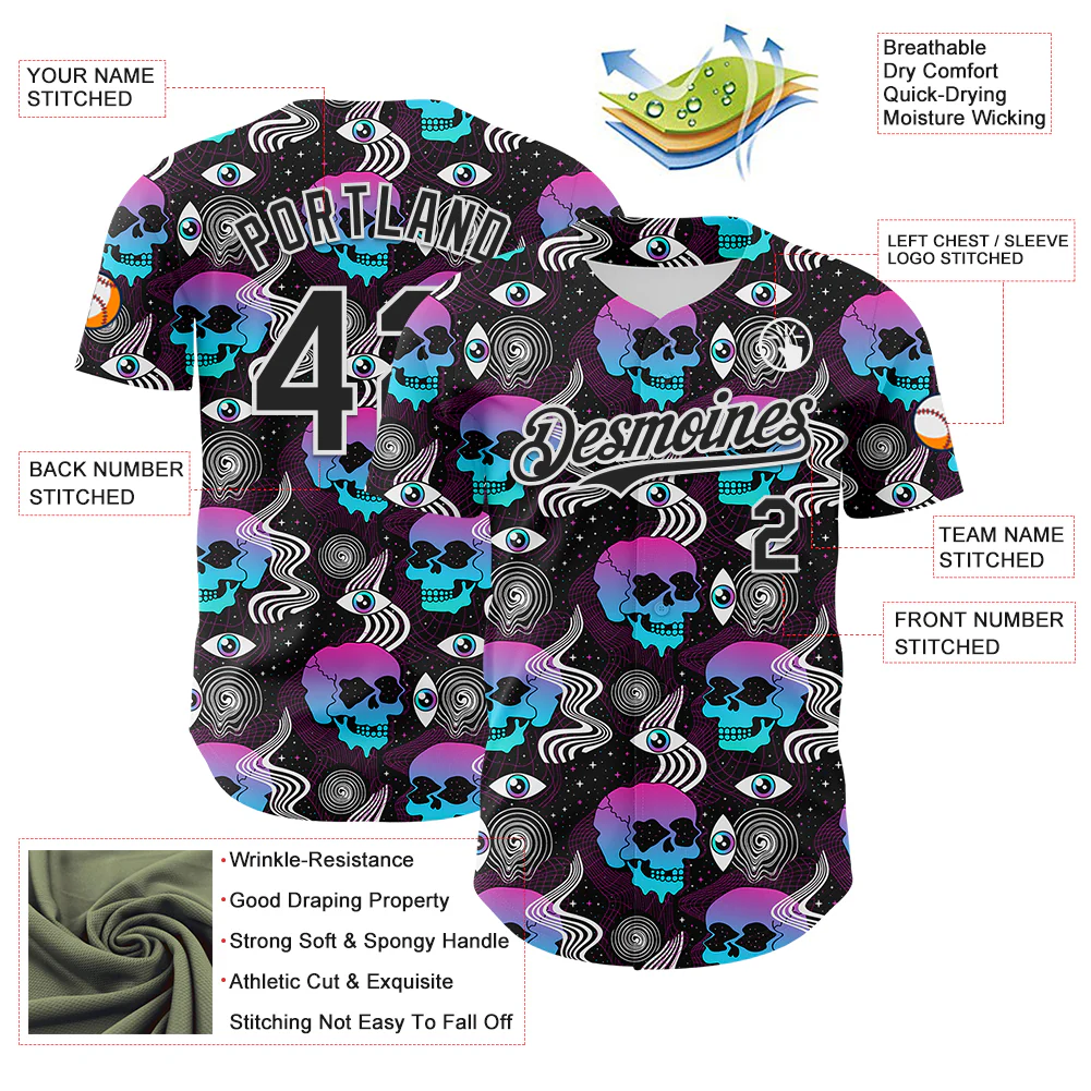 Custom Black White 3D Pattern Design Rave Psychedelic Skull Authentic Baseball Jersey - Image 3