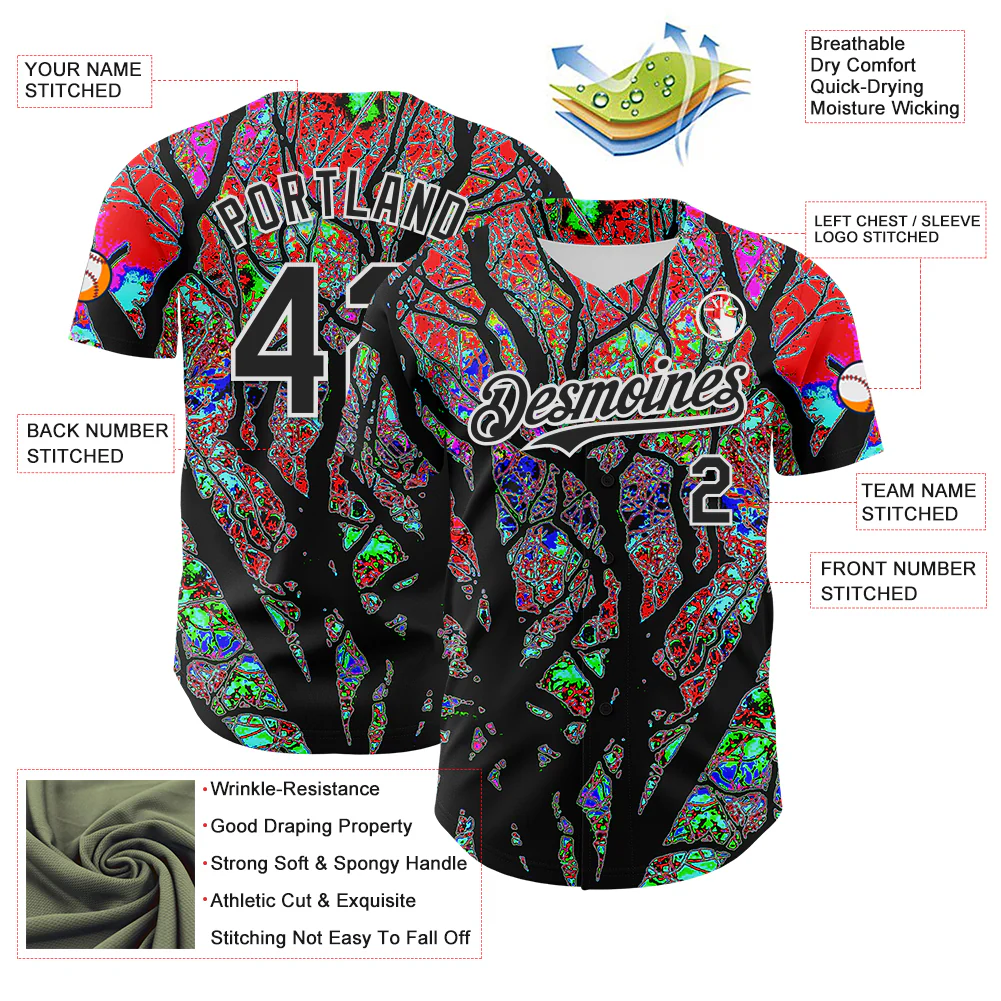 Custom Black White 3D Pattern Design Rave Psychedelic Tree Authentic Baseball Jersey - Image 3